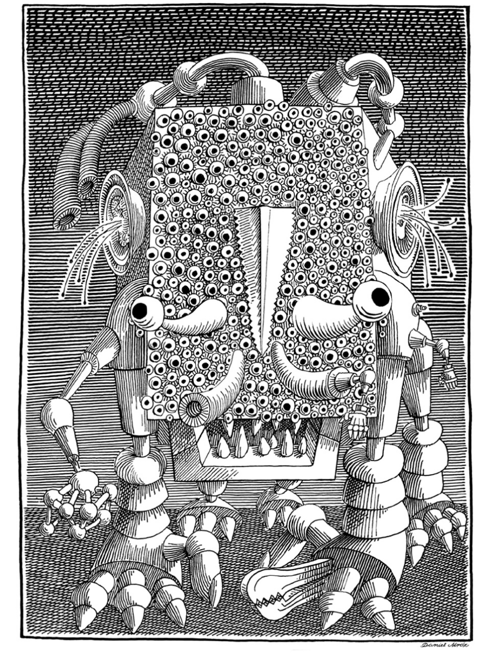 mróz黑白线稿绘画作品欣赏,用抽象的风格描绘了机械与魔法交织的人物