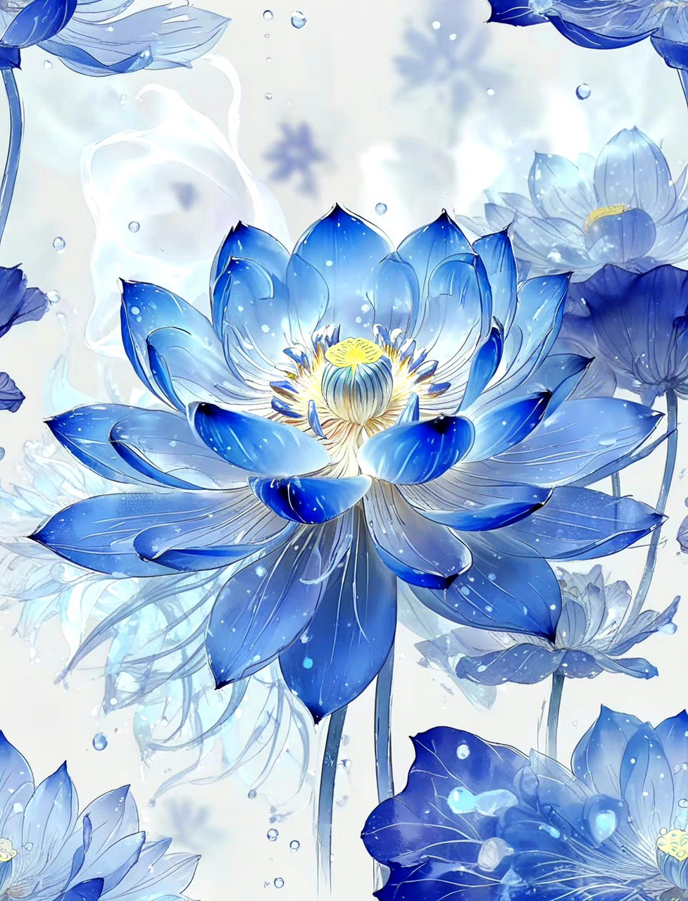 分享一组蓝色莲花作品,由ai生成,在展现花朵姿态万千的同时给人一种