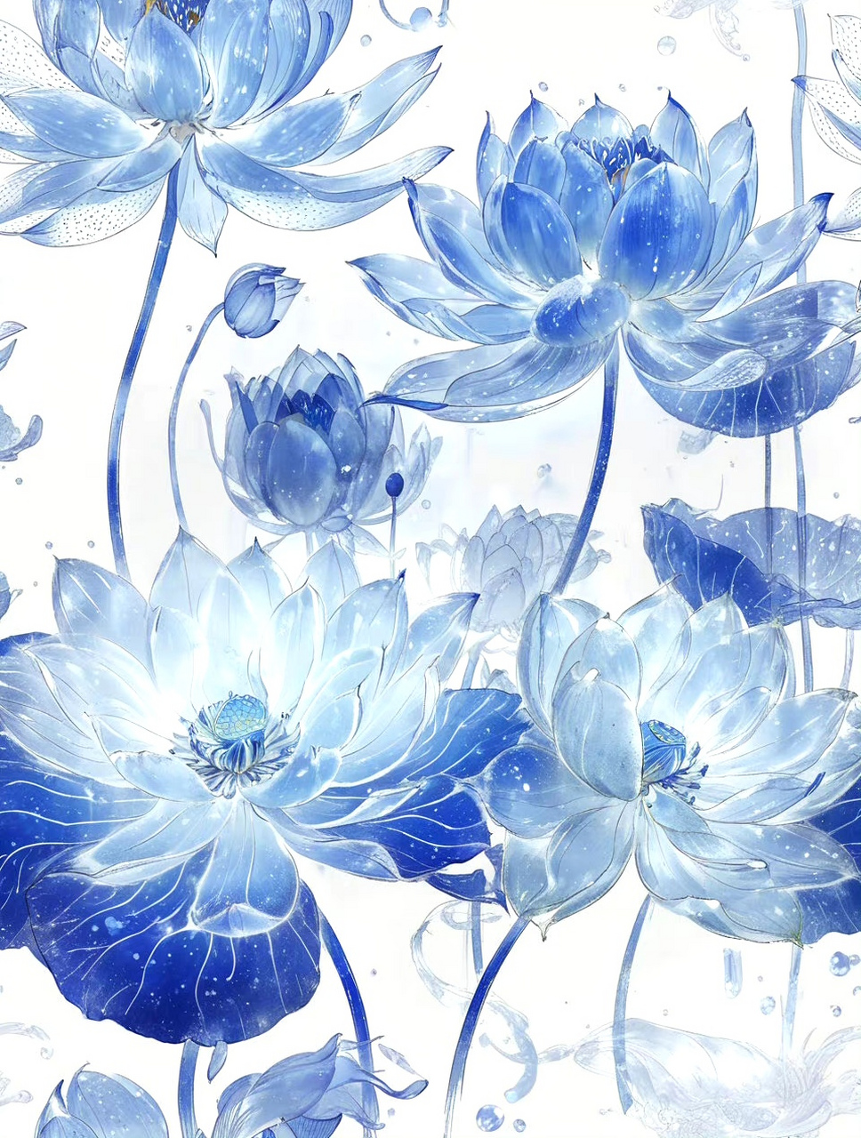 分享一组蓝色莲花作品,由ai生成,在展现花朵姿态万千的同时给人一种