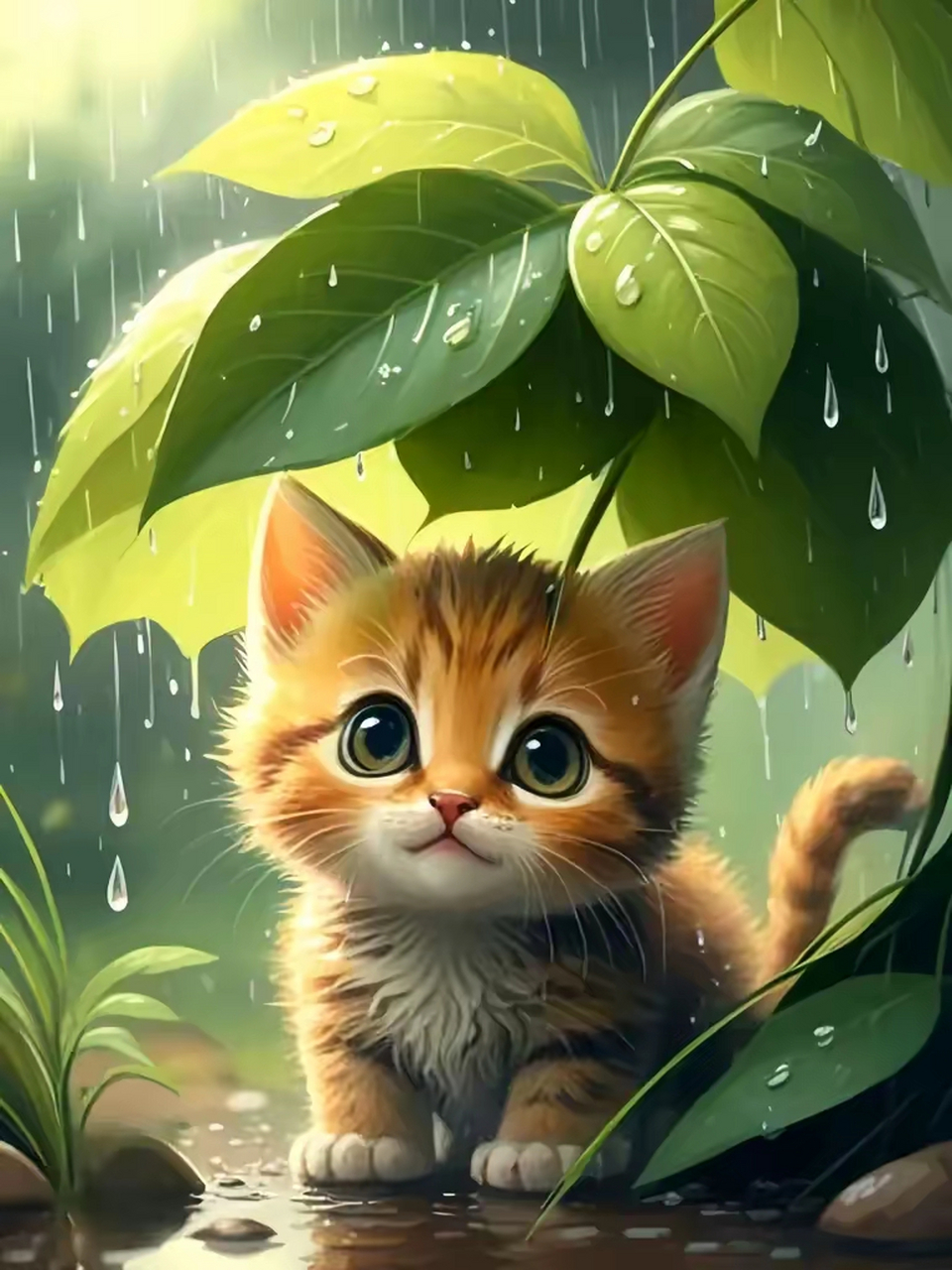 头像分享～在大雨天,树叶下躲雨的小猫咪