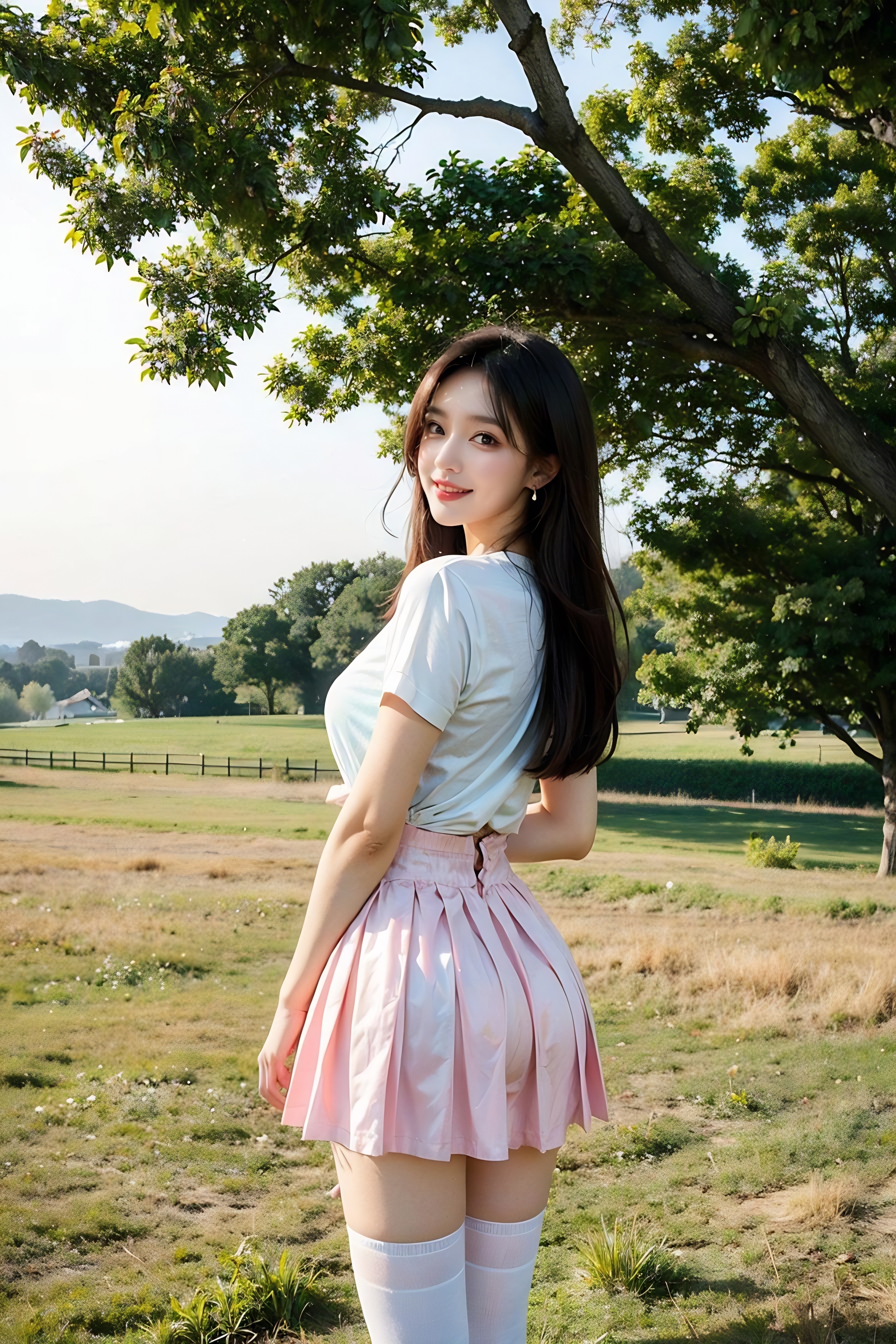 草坪上的粉裙少女