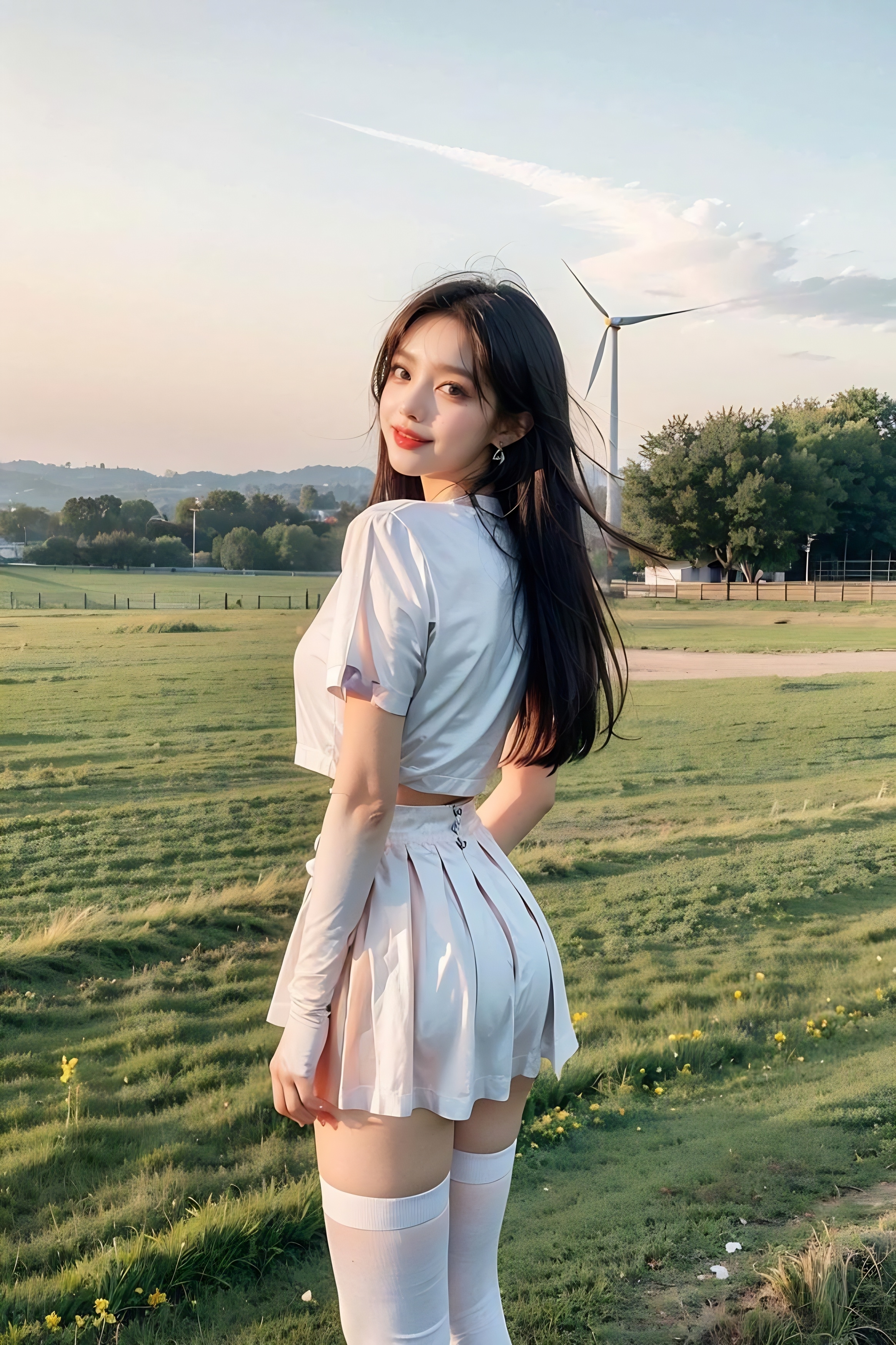 草坪上的粉裙少女