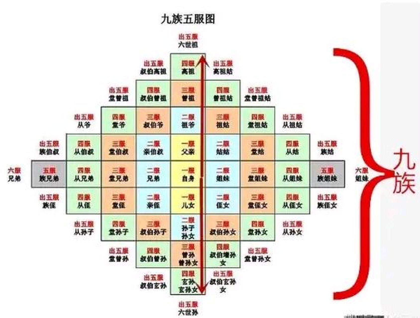 4,四服——从兄弟(祖父的父亲是亲兄弟); 5,五服——族兄