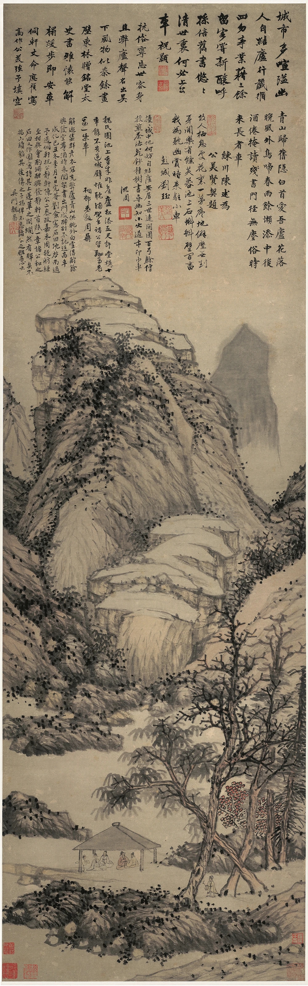 历代名家大师山水作品精选——明 沈周山水轴《魏园雅集》(全图及各