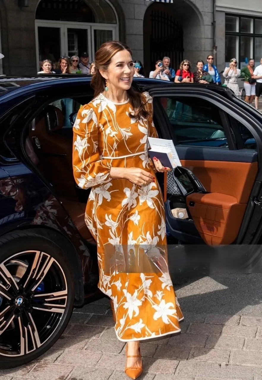 丹麦王后玛丽出席瓦尔托夫学院歌会活动之时,身着一条深黄色的大花