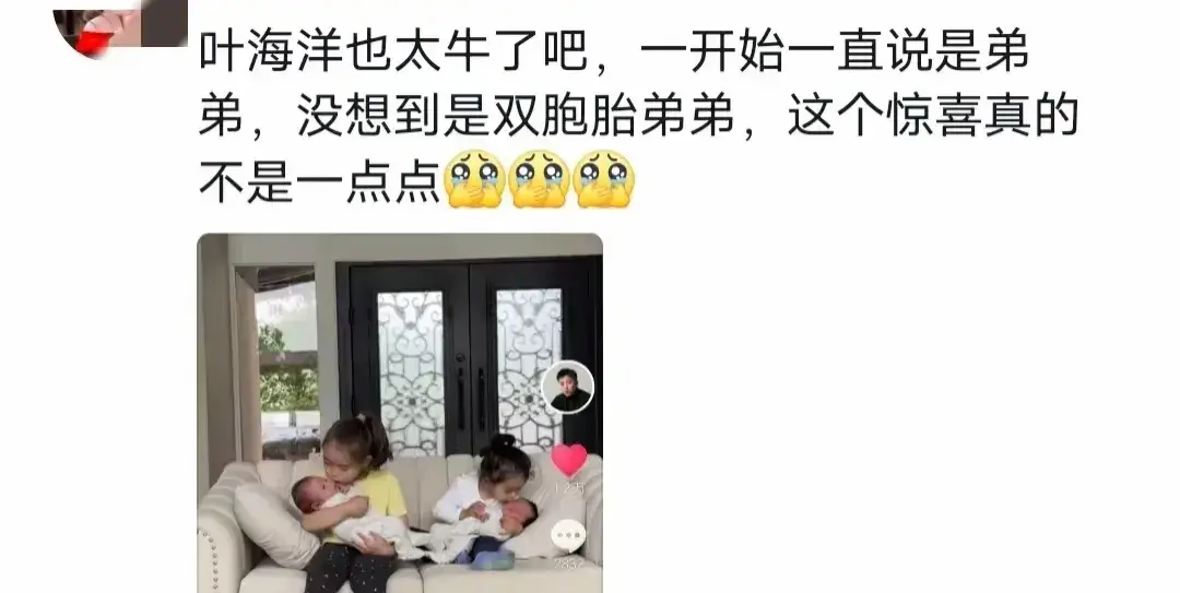 叶海洋喜讯传来!三胎迎来双胞胎男孩,两个女儿欣喜不已!