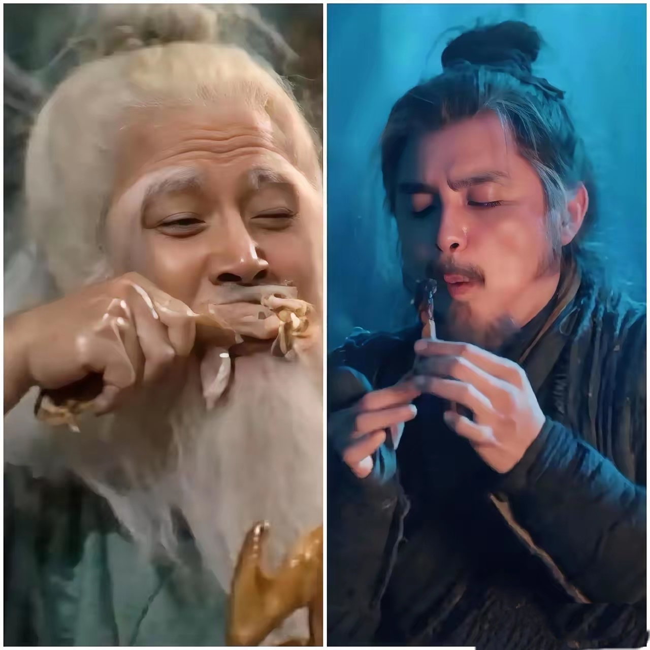 前面是八三版《射雕英雄传》刘丹扮演的洪七公,后面的是《金庸武侠