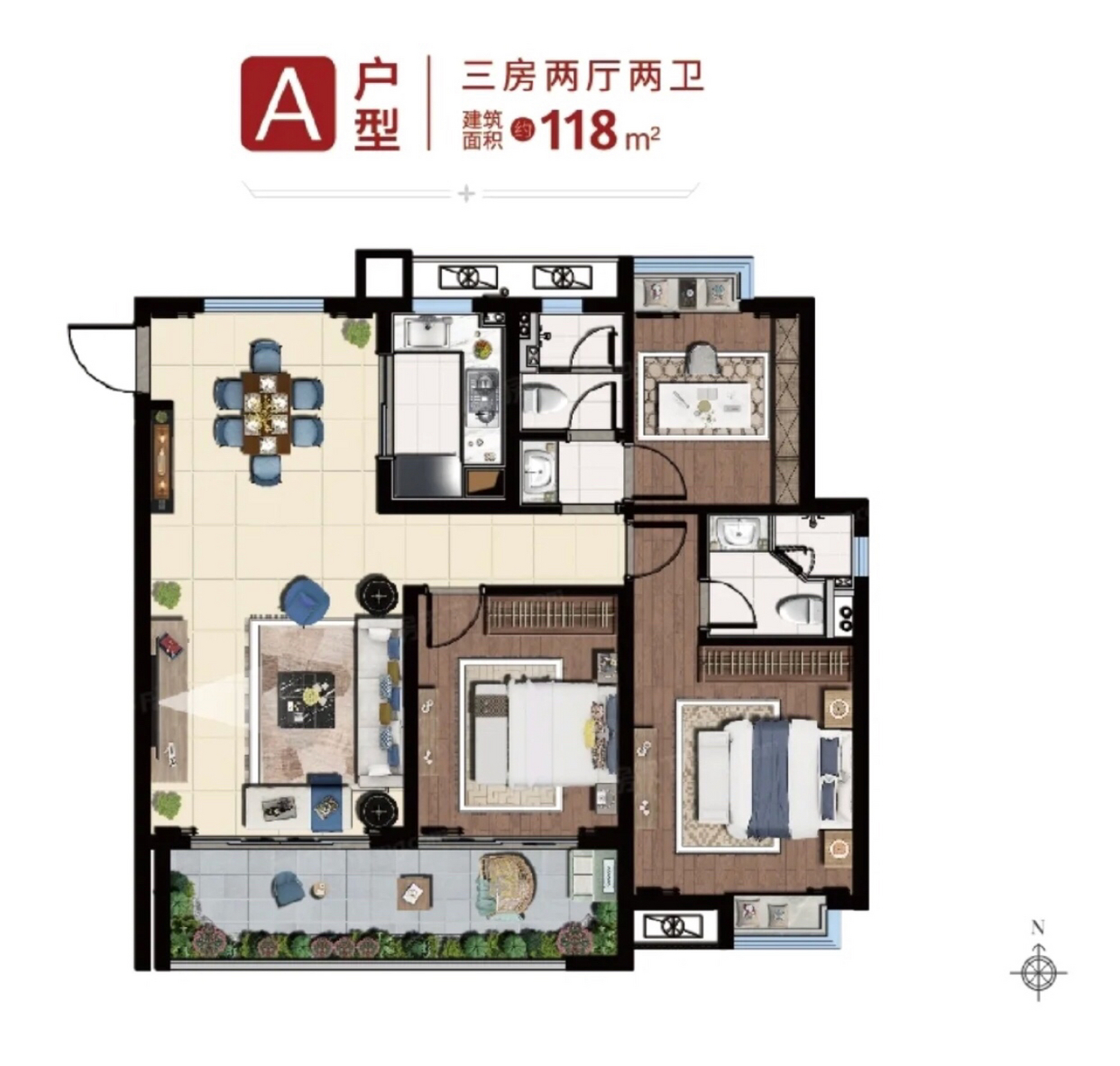 118方的3房户型,一进门就是餐厅这点不太好.