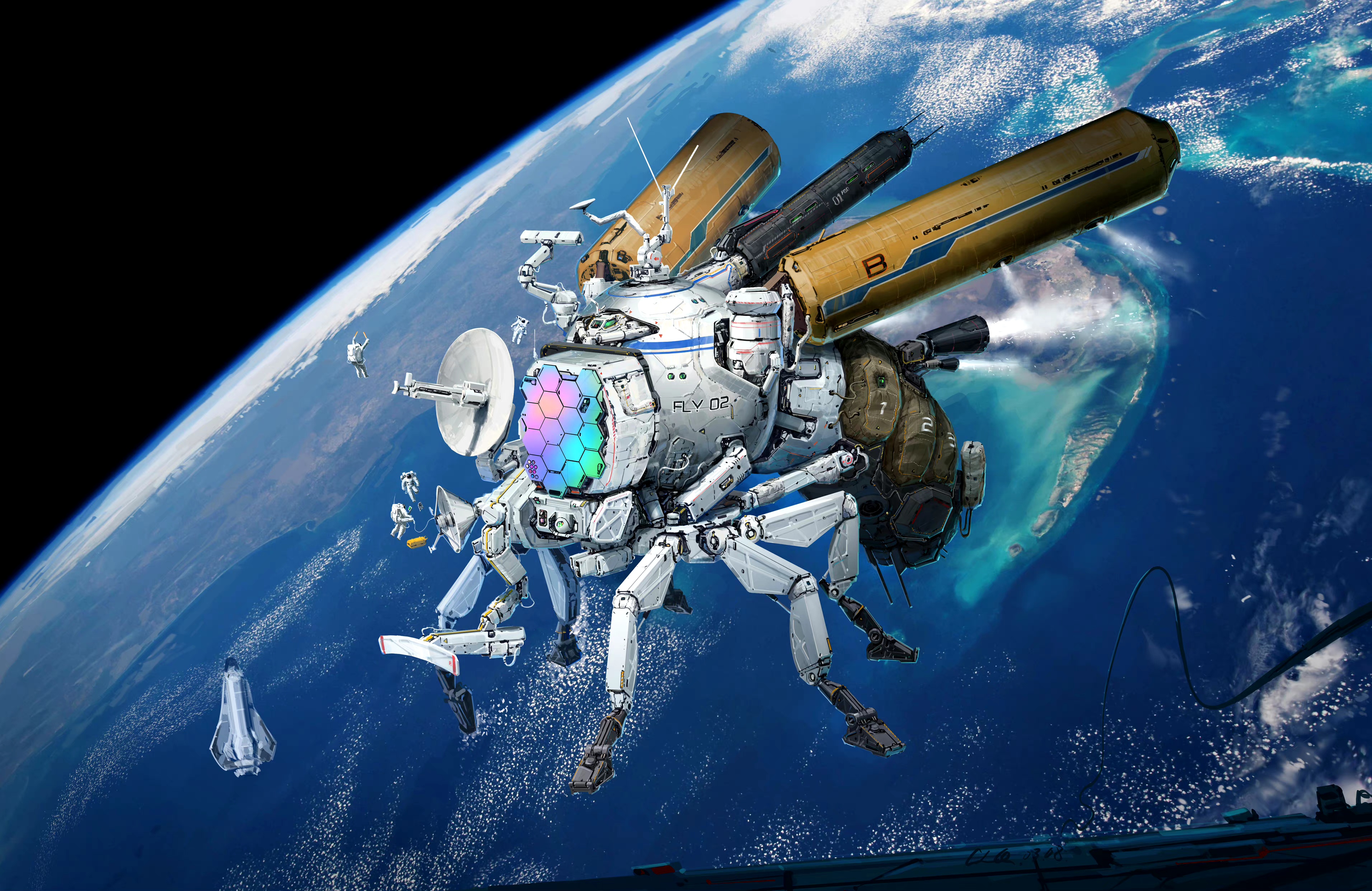 画师longque chen设计的一组蝇式太空站,可以在太空进行俘获对手卫星