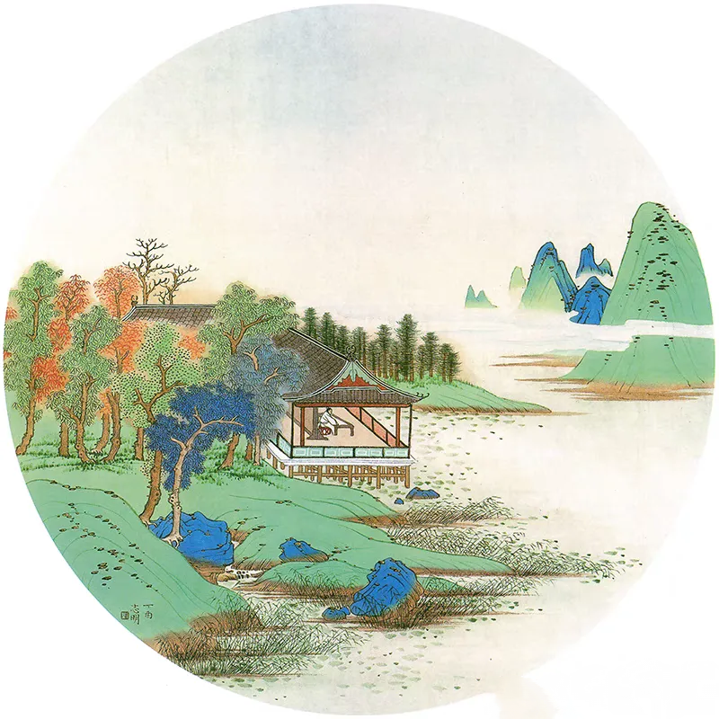 青绿山水团扇扇面素材库——彩图 线稿,新手小白速来认领,画家刘志明