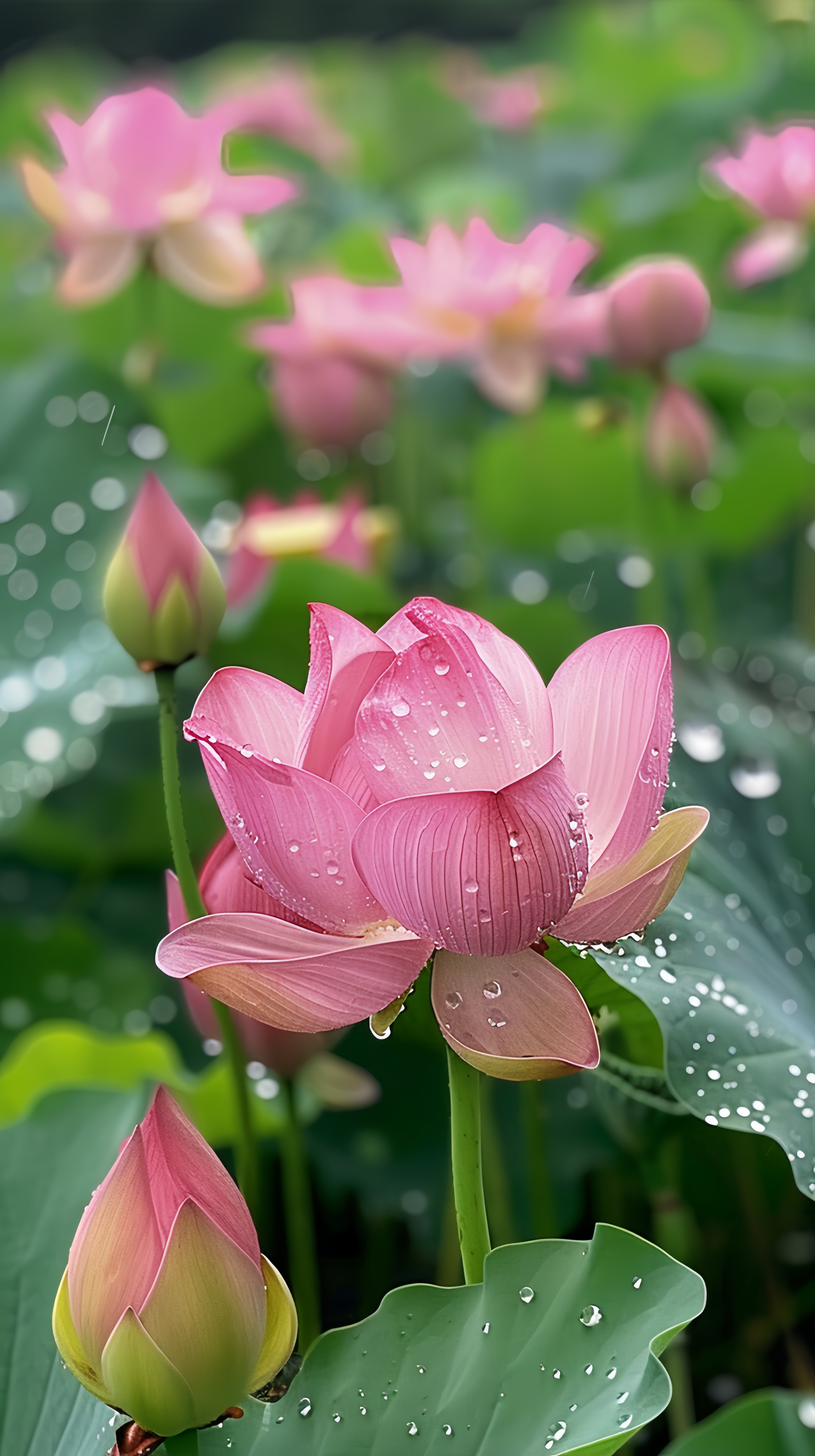苦等下雨三小时,终于拍到雨打荷花的美景