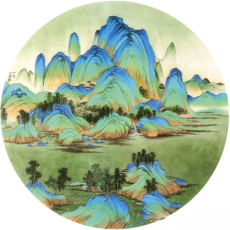 青绿山水团扇扇面素材库——彩图 线稿,新手小白速来认领,画家刘志明