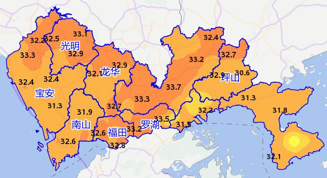 从实时图可以看出,整个深圳温度都超过30℃了,画面一片橙黄色