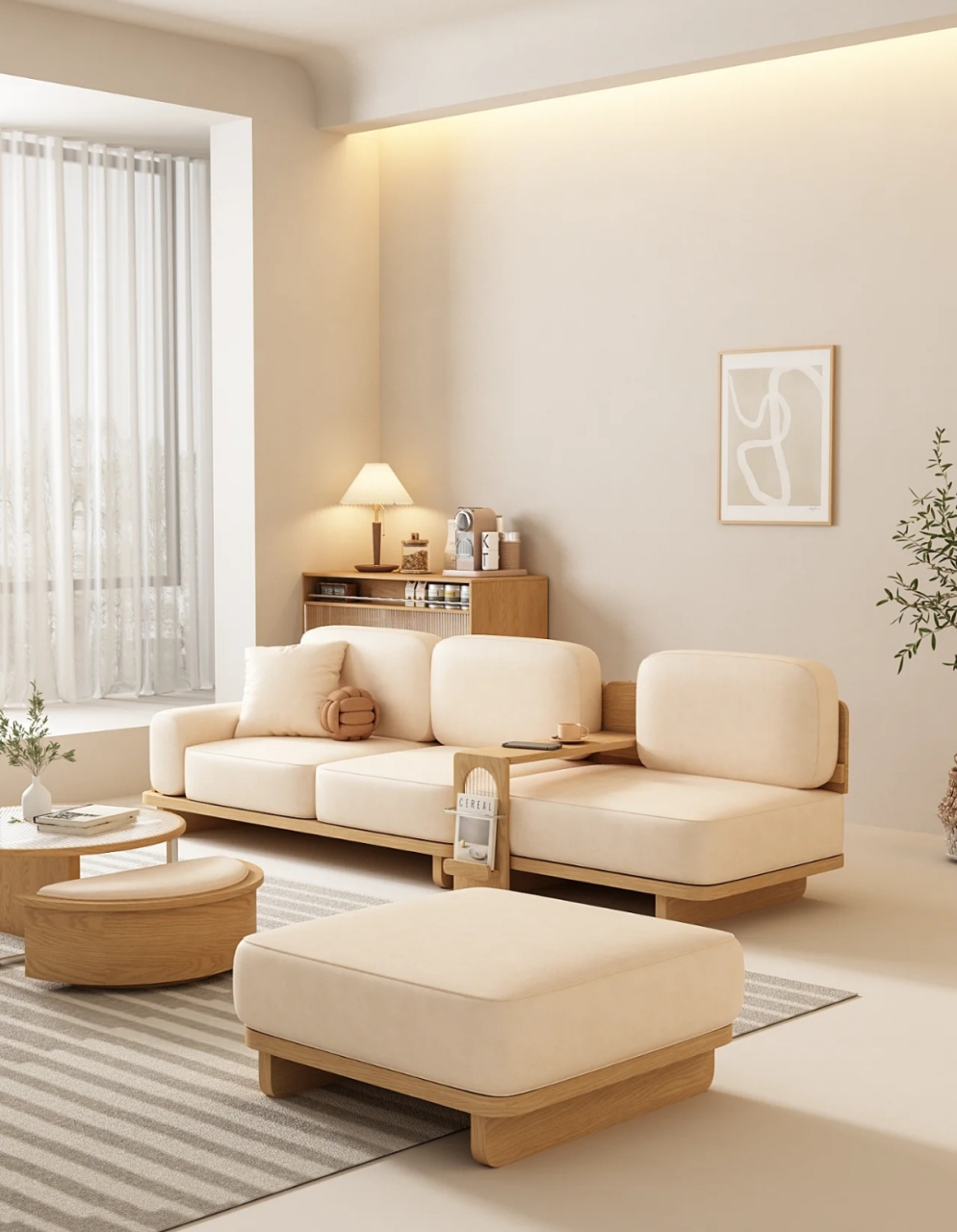 实木款日式奶油沙发它来了～  给家里添上这套沙发,温馨氛围拉满[嘿哈