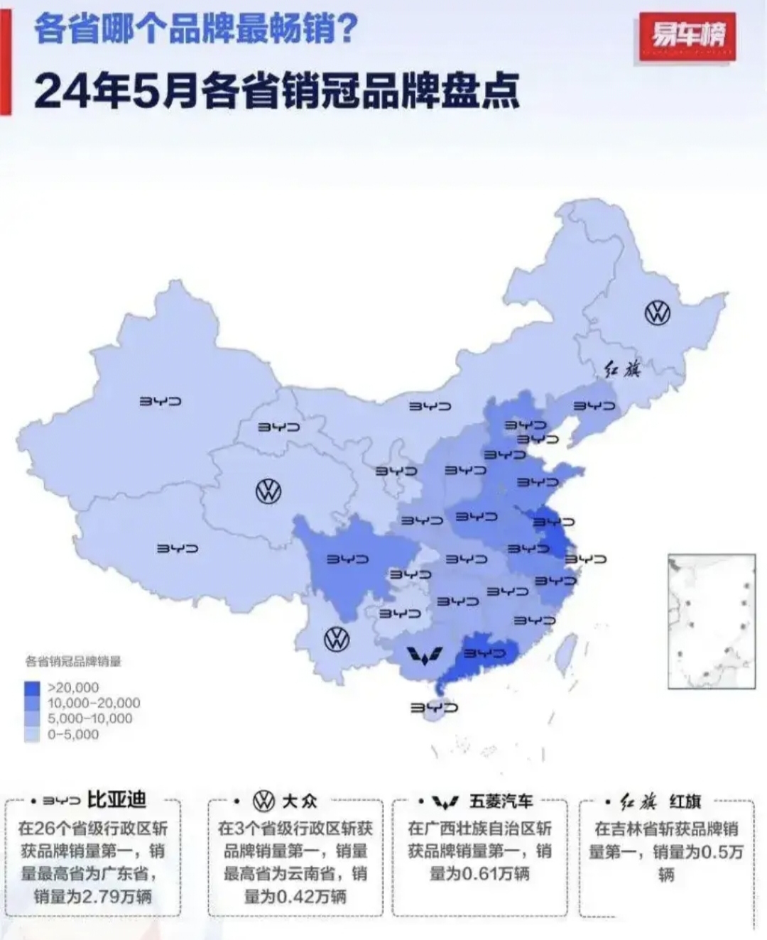 近日,易车网所公布的一张5月份全国32个省市自治区的车企销量地图一经