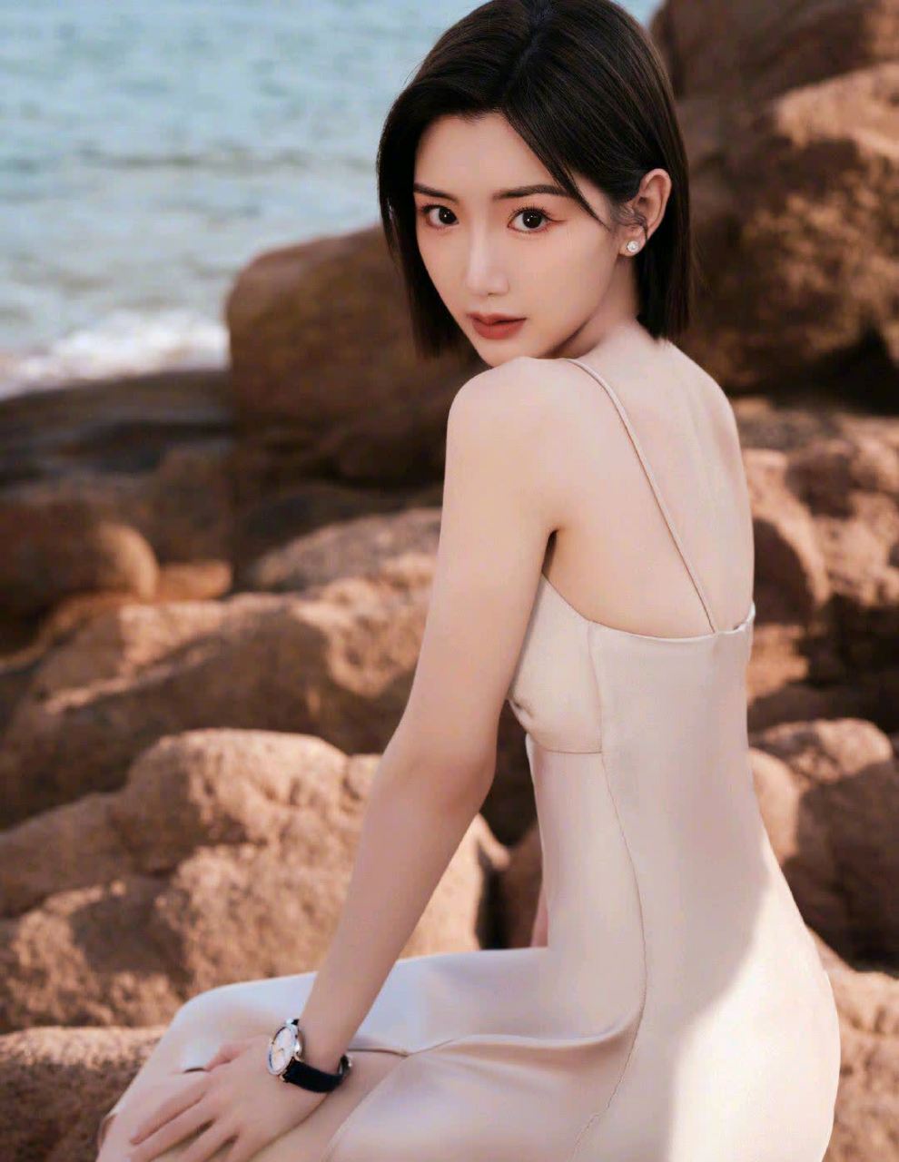 毛晓彤身穿藕粉色连衣裙,尽显窈窕身材