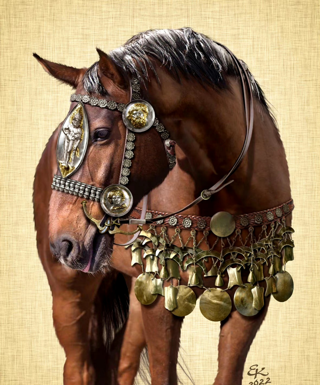 俄罗斯插画家evgeny kray绘制的斯基泰高阶马具复原图,出土于"babina