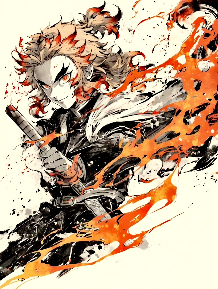 分享一组水墨风格的《鬼灭之刃》人物插画作品,用华丽的风格再现了鬼