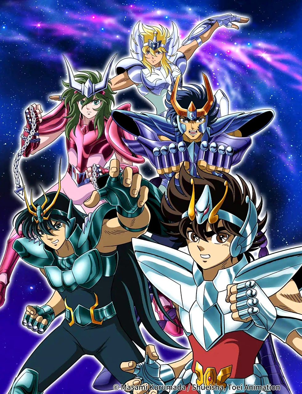 分享一组东映《圣斗士星矢》宣传海报,描绘了青铜五小强与黄金圣斗士.