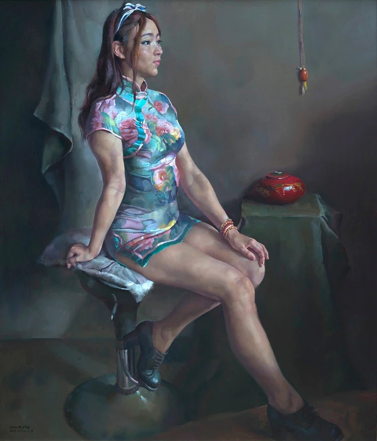 油画家陈克平画的女人油画,虽姿色动人,但是太拘谨放不开!