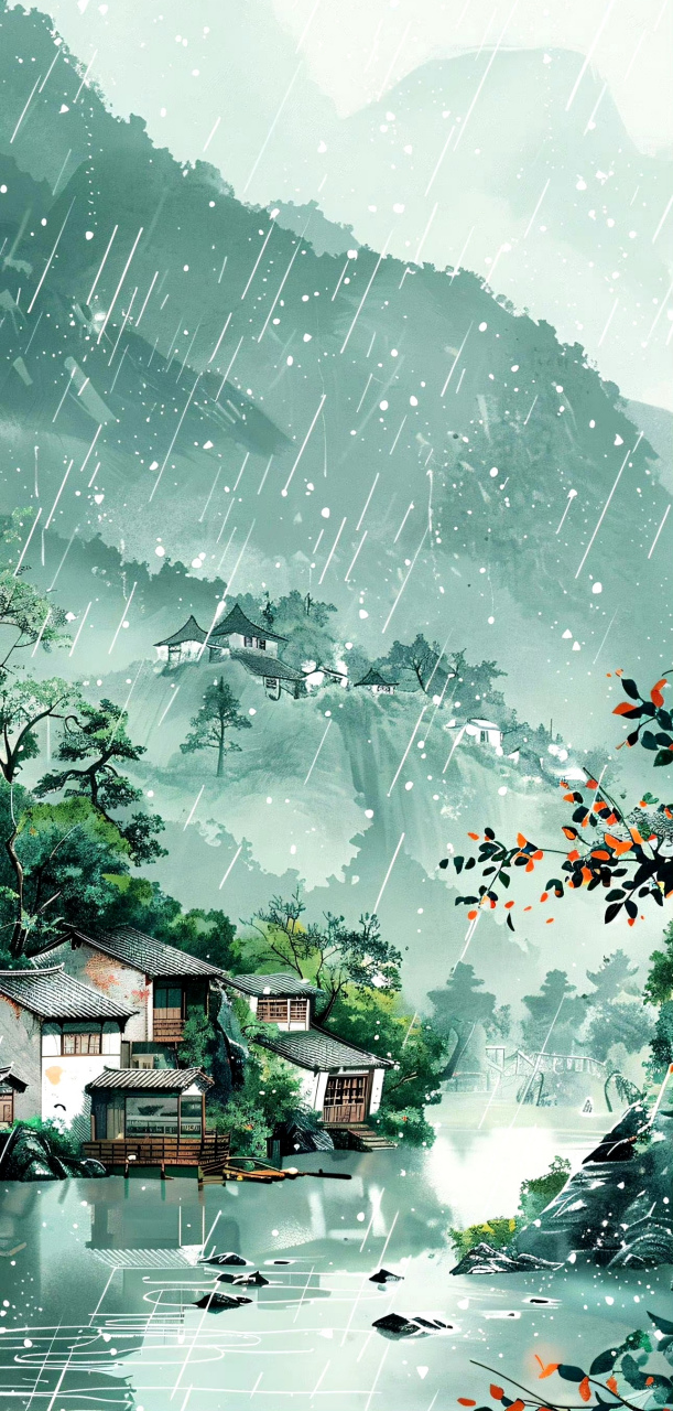 分享一组风景绘画作品,由ai生成,描绘了雨中的江南风景.