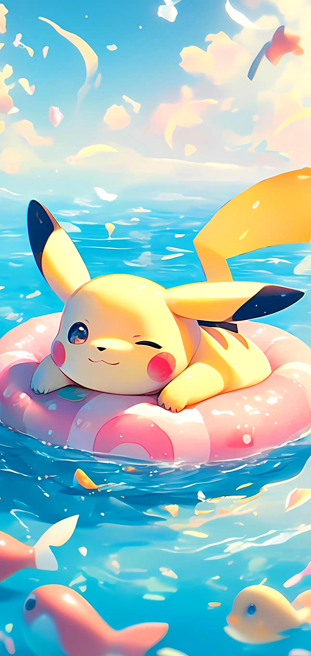 分享一组精灵宝可梦插画作品,由ai生成,展现了皮卡丘在水中玩耍的情景