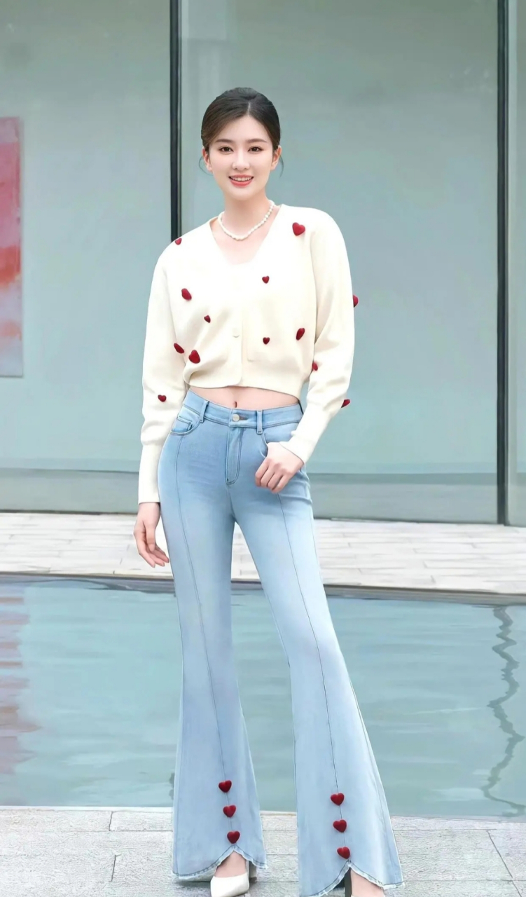 乔欣身穿短款白色上衣搭配浅色牛仔裤,休闲时尚又显身材,美美哒