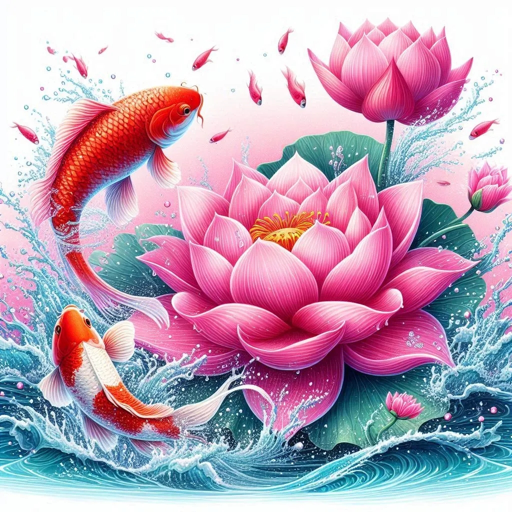 莲花含笑水中央, 鱼游莲池乐无边. 绿叶如盘遮碧浪, 红妆照水映蓝天