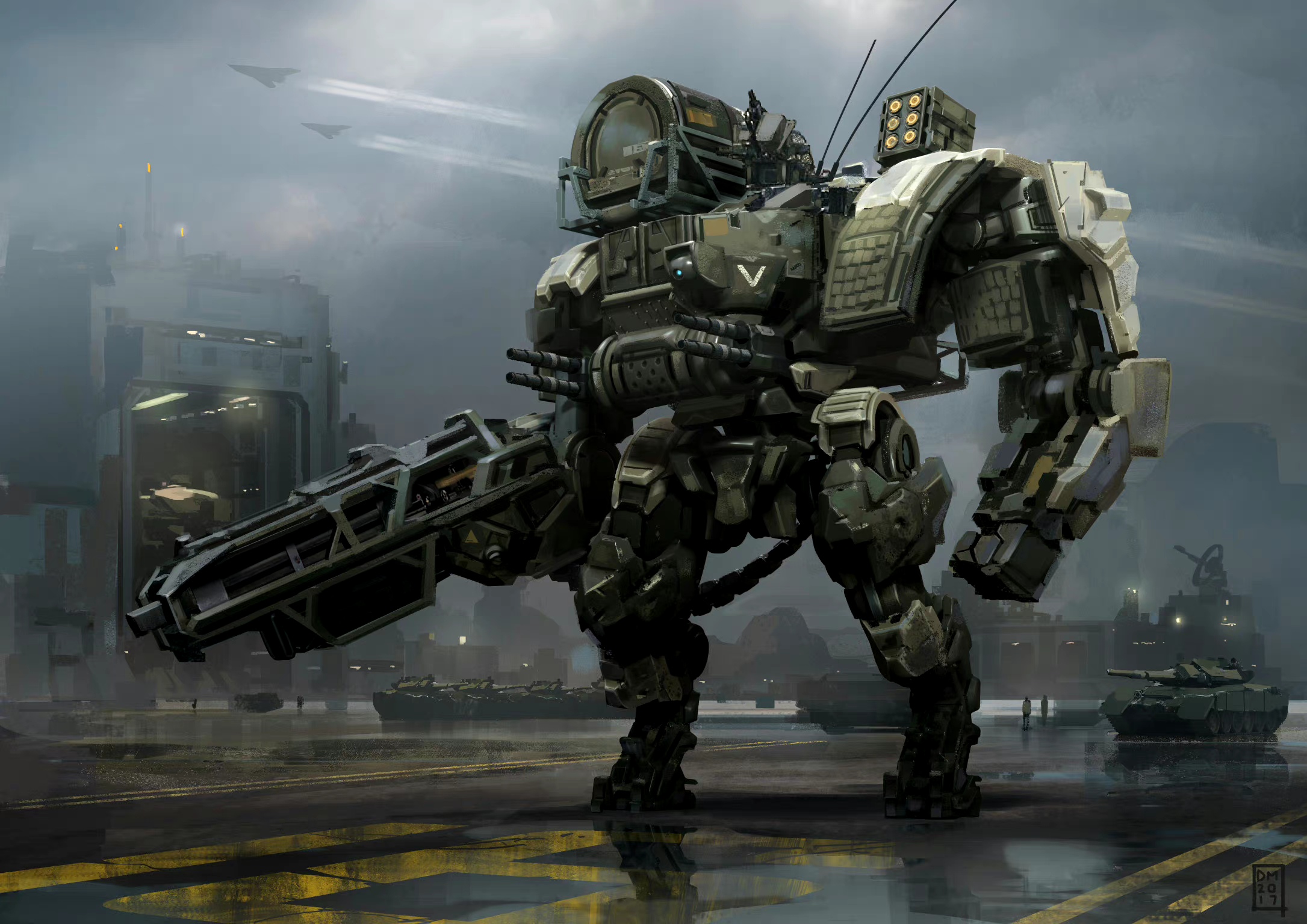 画师daryl mandryk科幻插画作品欣赏,描绘了未来机甲作战的场景