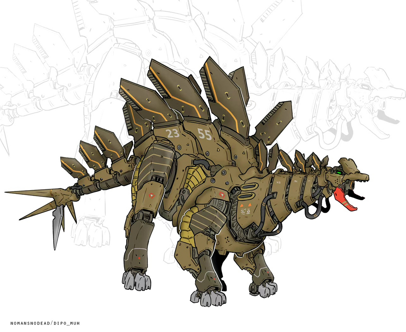 画师dipo muh创作的一组军用恐龙机甲,借鉴了恐龙的外形,装备了各种