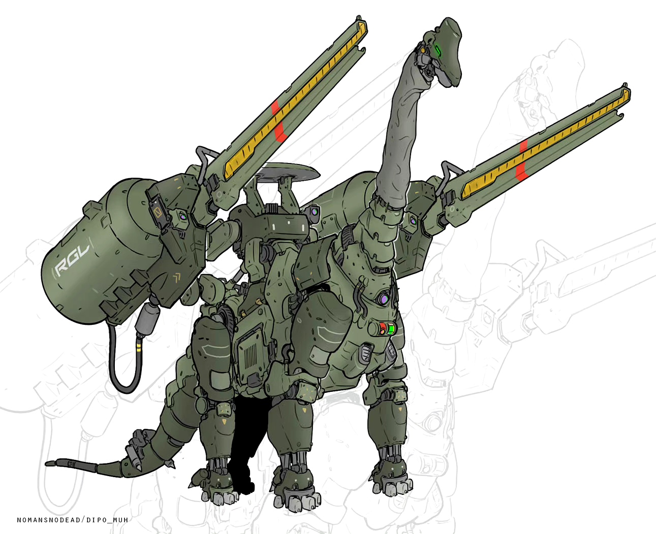 画师dipo muh创作的一组军用恐龙机甲,借鉴了恐龙的外形,装备了各种