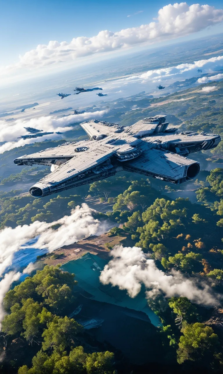 分享一组太空战舰插画作品,由ai生成,展现了其起飞和在太空列阵的场景