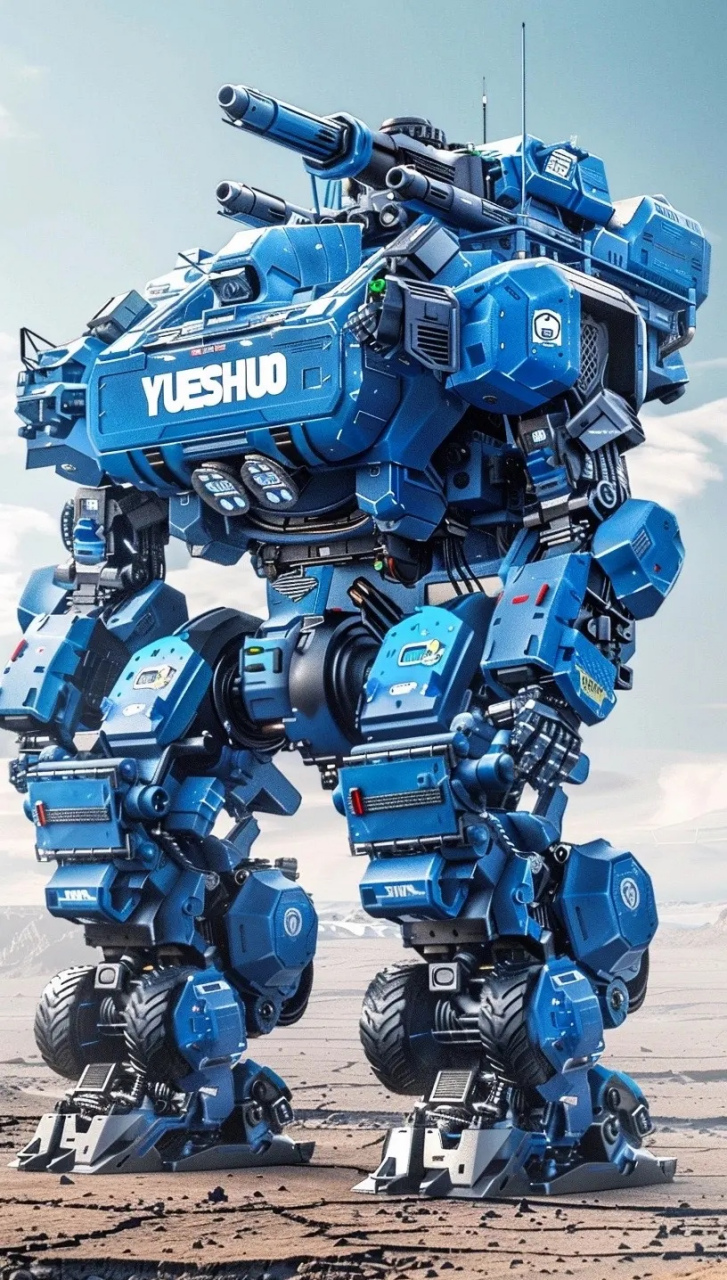 分享一组ai生成的机甲插画作品,采用了双足行走装置,全身采用蓝色涂