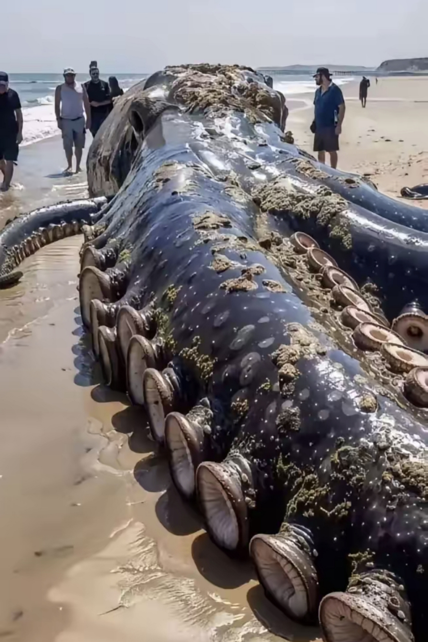 美国西海岸,一只巨大的大王乌贼搁潜在沙滩上,这只大王乌贼体型朋大