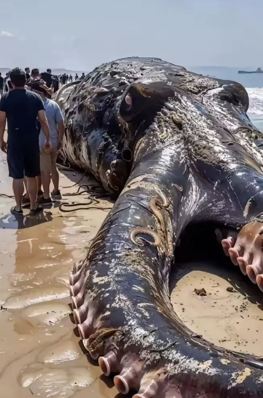 美国西海岸,一只巨大的大王乌贼搁潜在沙滩上,这只大王乌贼体型朋大