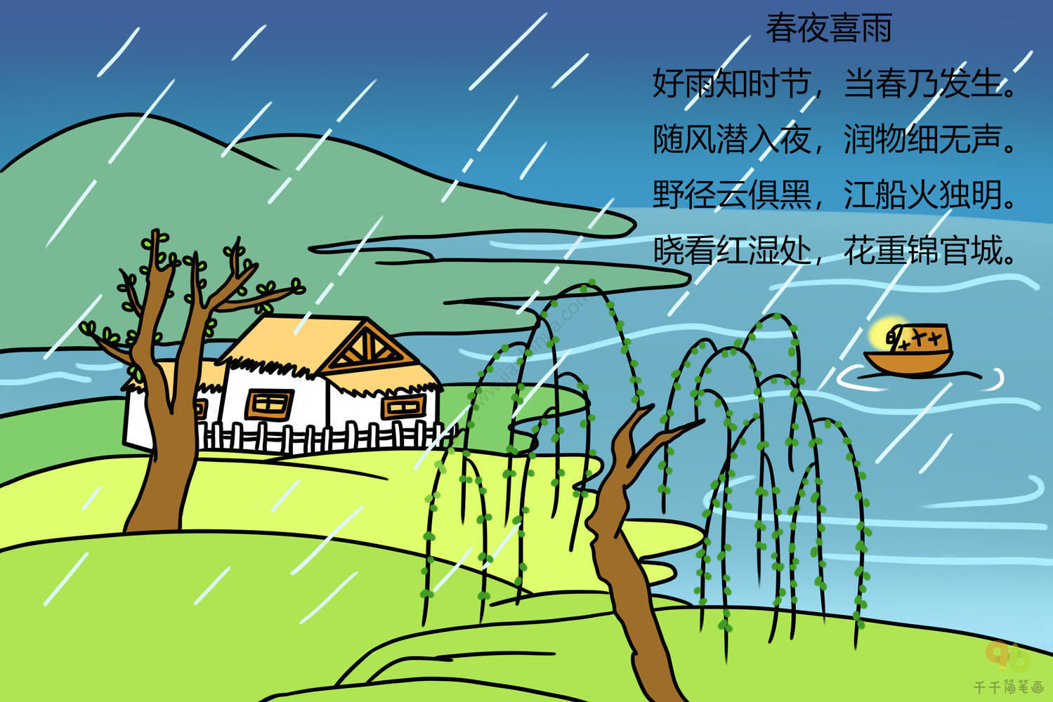 随风潜入夜,润物细无声. 野径云俱黑,江船火独明