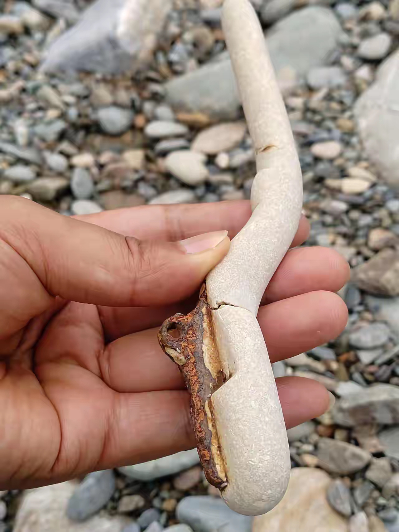 石头材质,锈了的好像是铁,指头粗细,沉沉的,河坝里捡到的