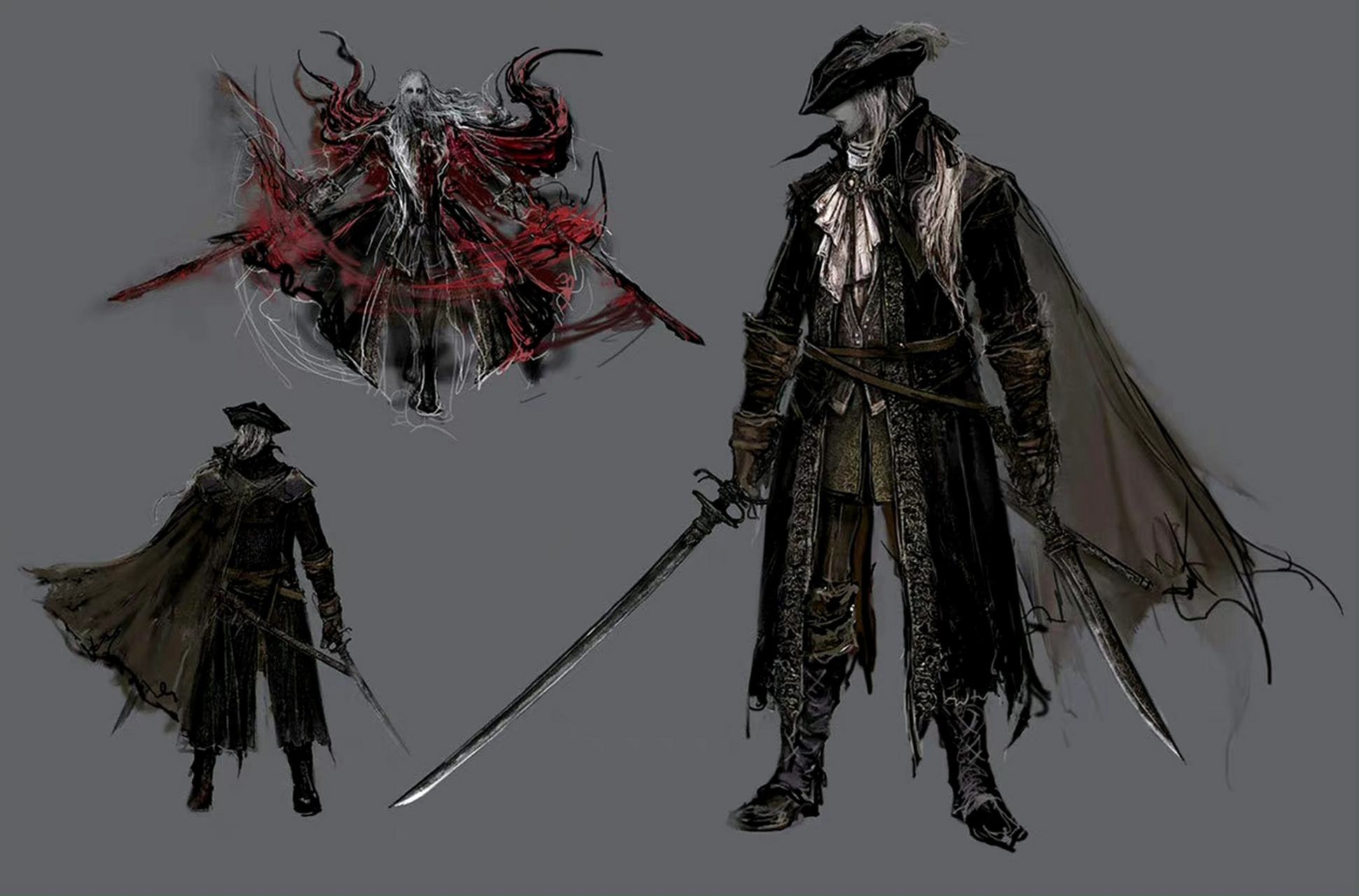 分享一组游戏《血源诅咒》角色设计插画,展现了游戏中的猎人和迦南