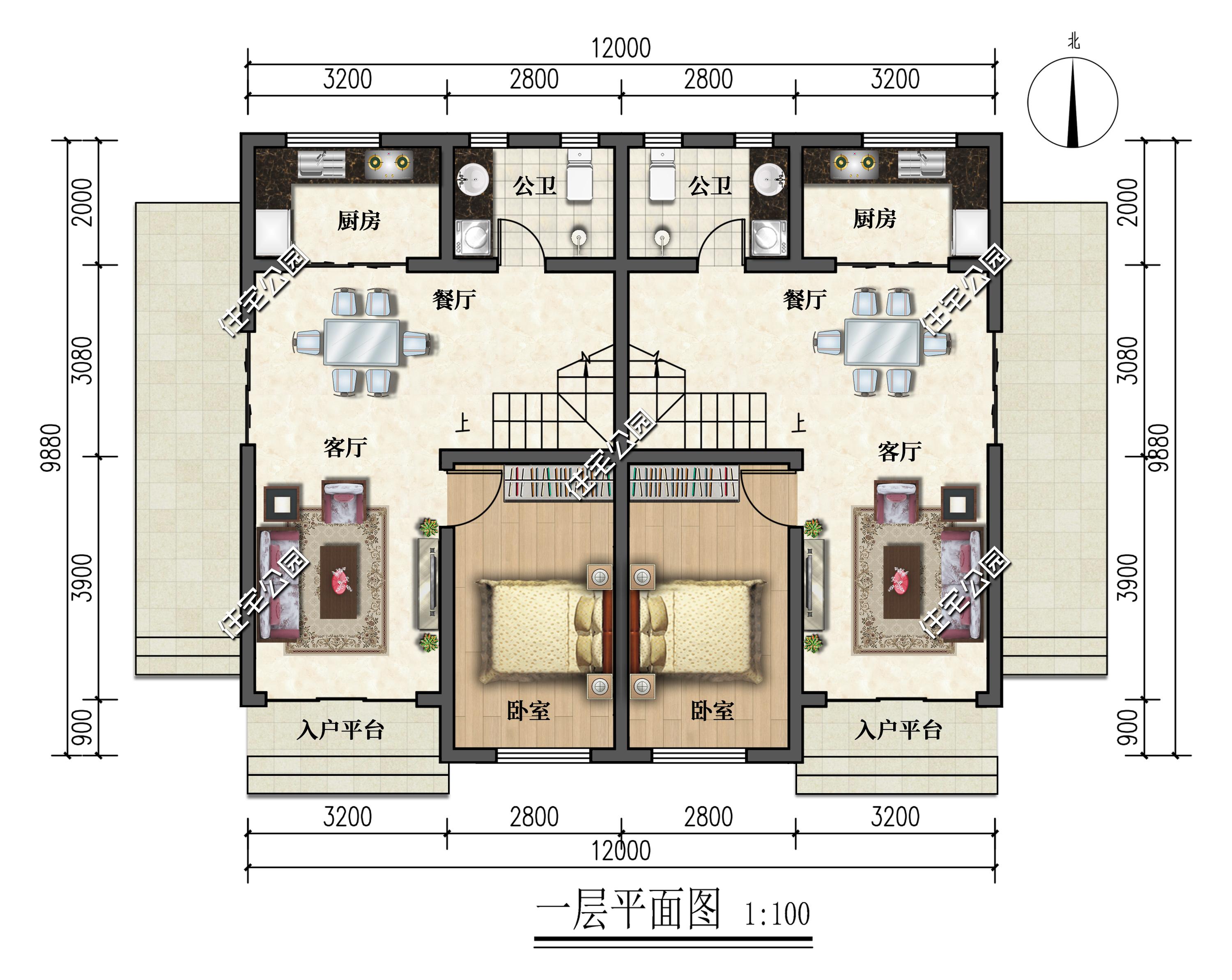 农村12×9米占地仅135平的二层现代双拼房,卧室多朝南设计!