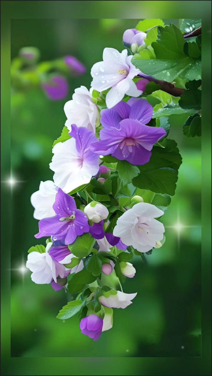 紫白相间的花朵在绿叶的簇拥下盛开,仿佛在诉说着夏天的故事.