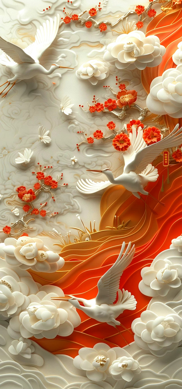 分享一组ai生成的国风插画,立体再现了仙鹤祥云的画面,充满了华丽和