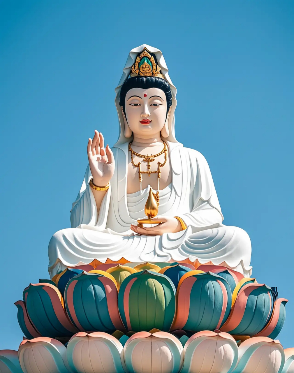 双手合十,闭目静思,向观音菩萨倾诉心愿.