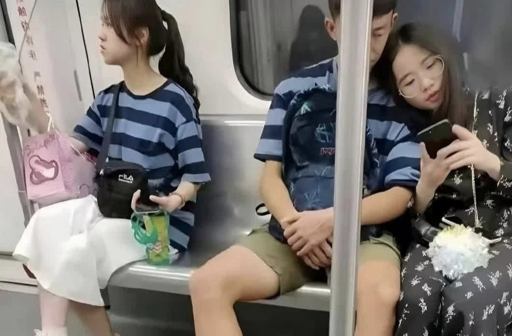 地铁里撞衫的一男一女刚好排着坐,可是撞衫的一男一女两人相互不认识
