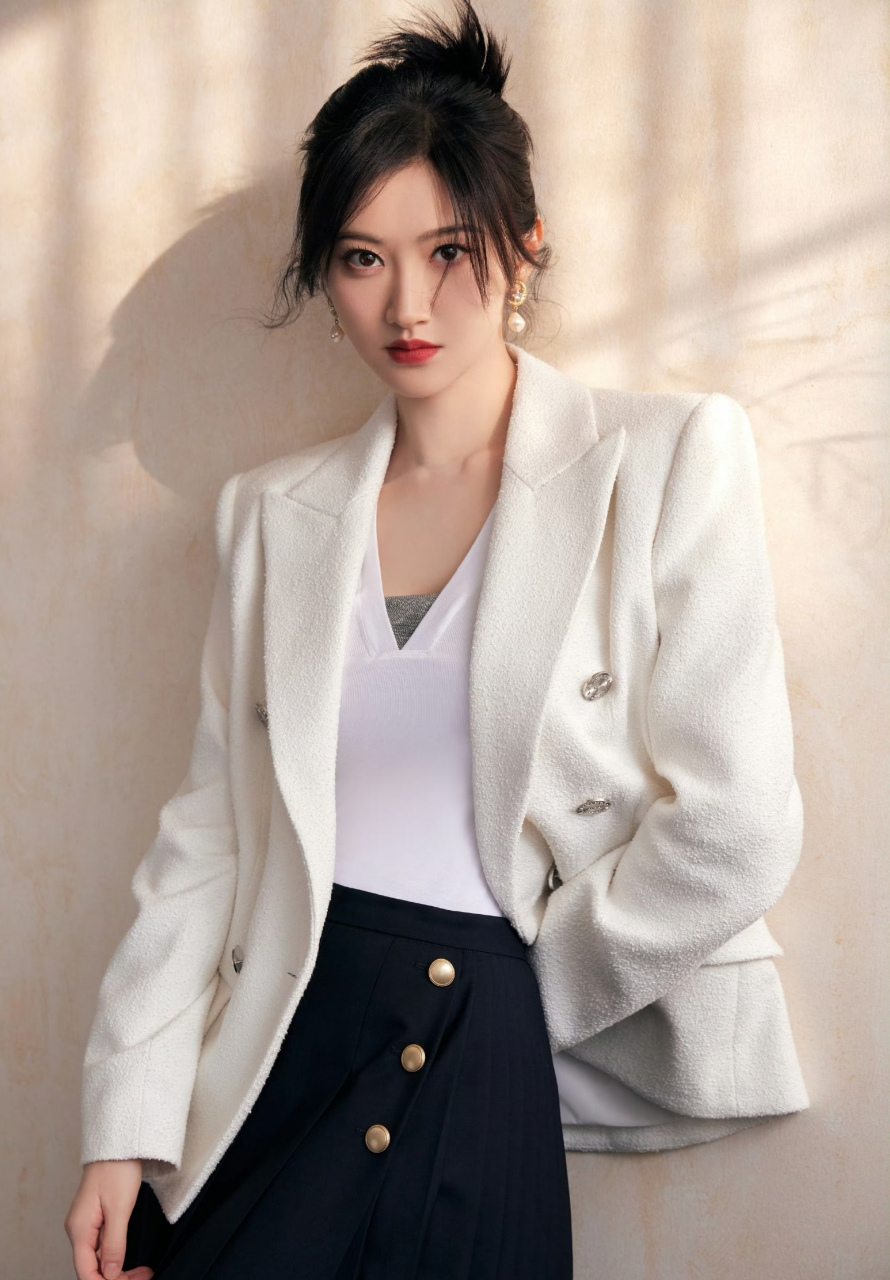 景甜,白色西服搭配黑色高腰裙,美不?