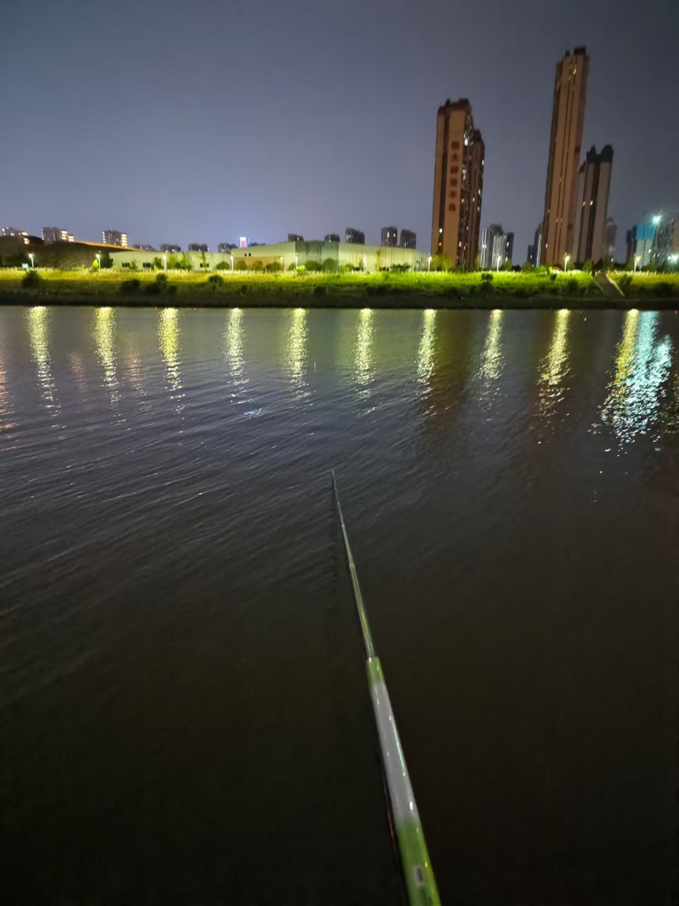 夜晚的江边,霓虹灯洒在江上,微风拂过.