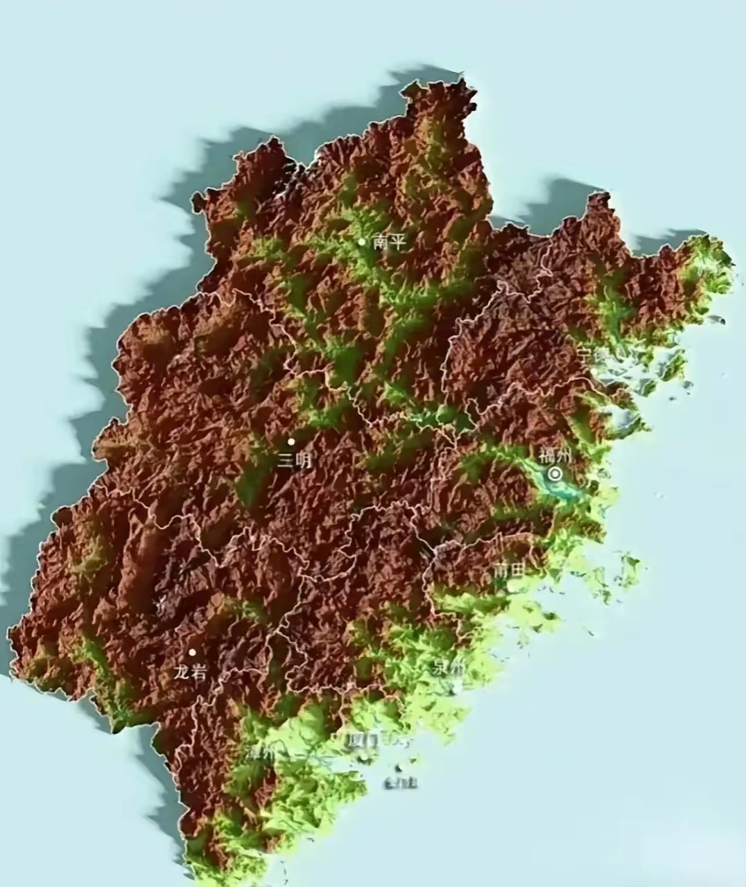 先来看看福建省地形地貌图,一眼看去,百分之九十都是山区,如果不说它