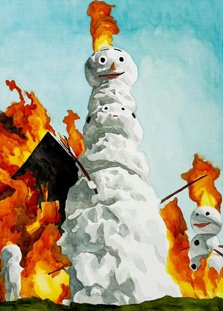 画师nemonannemo绘画作品欣赏,描绘了火中起舞的雪人,画面构图抽象而