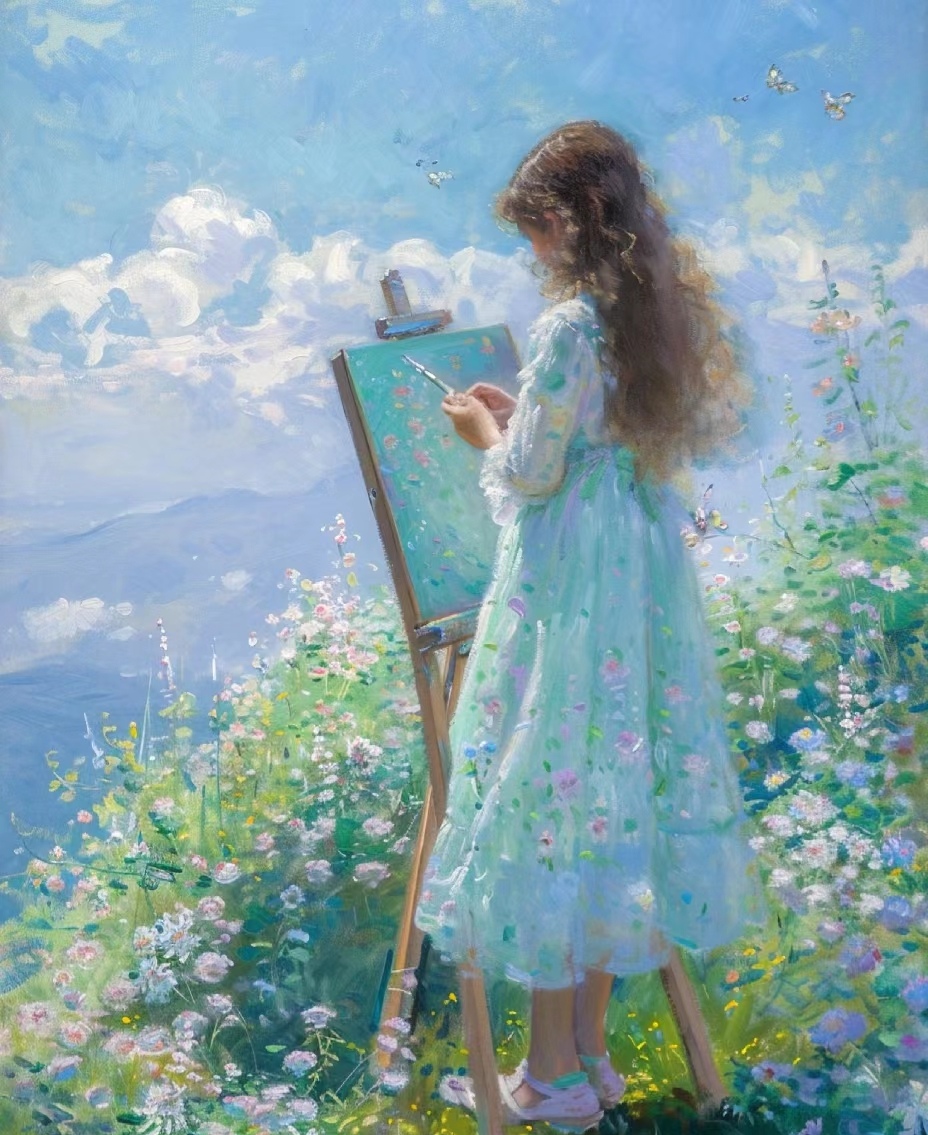 油画欣赏,画油画的美少女