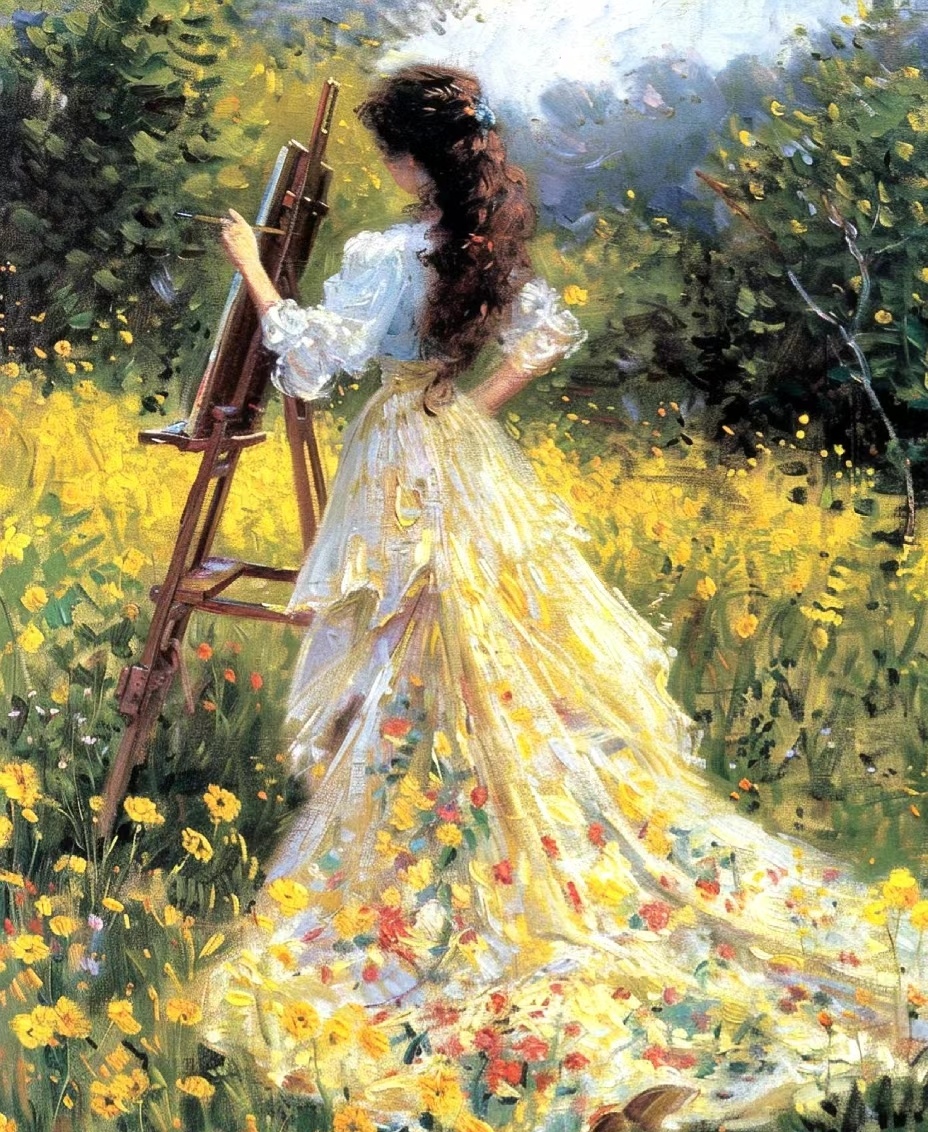 油画欣赏,画油画的美少女