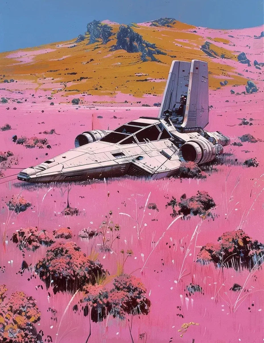 分享一组科幻场景作品,描绘了人类在外星着陆的场景,展现了异星世界